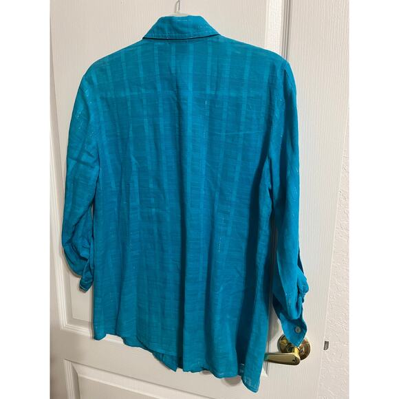 Additions by Chico Sz 1 Teal Woven Silver Threads Adjustable Long Sleeve Blouse - Picture 2 of 13